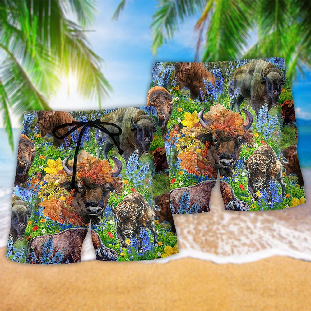 Buffalo Love Animals Green Floral Field Trendy Aloha Hawaiian Beach Shorts