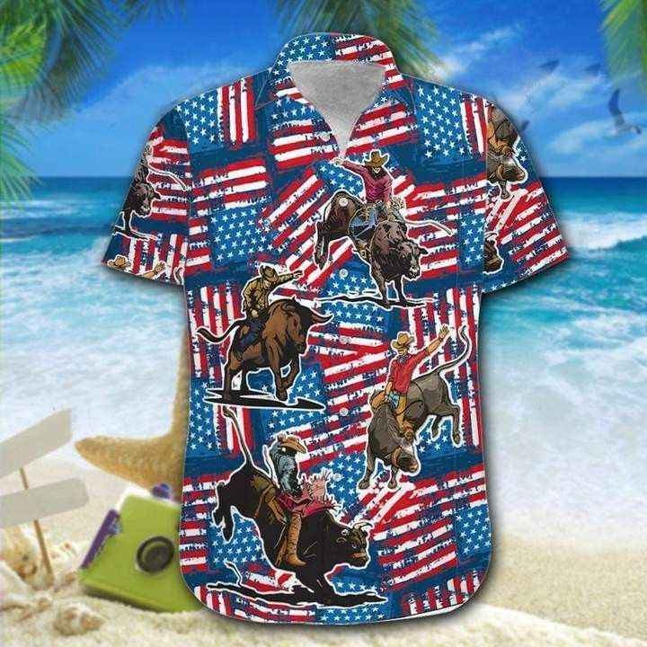 Bull Riding American Flag 4Th Of July Hawaiian Shirt
