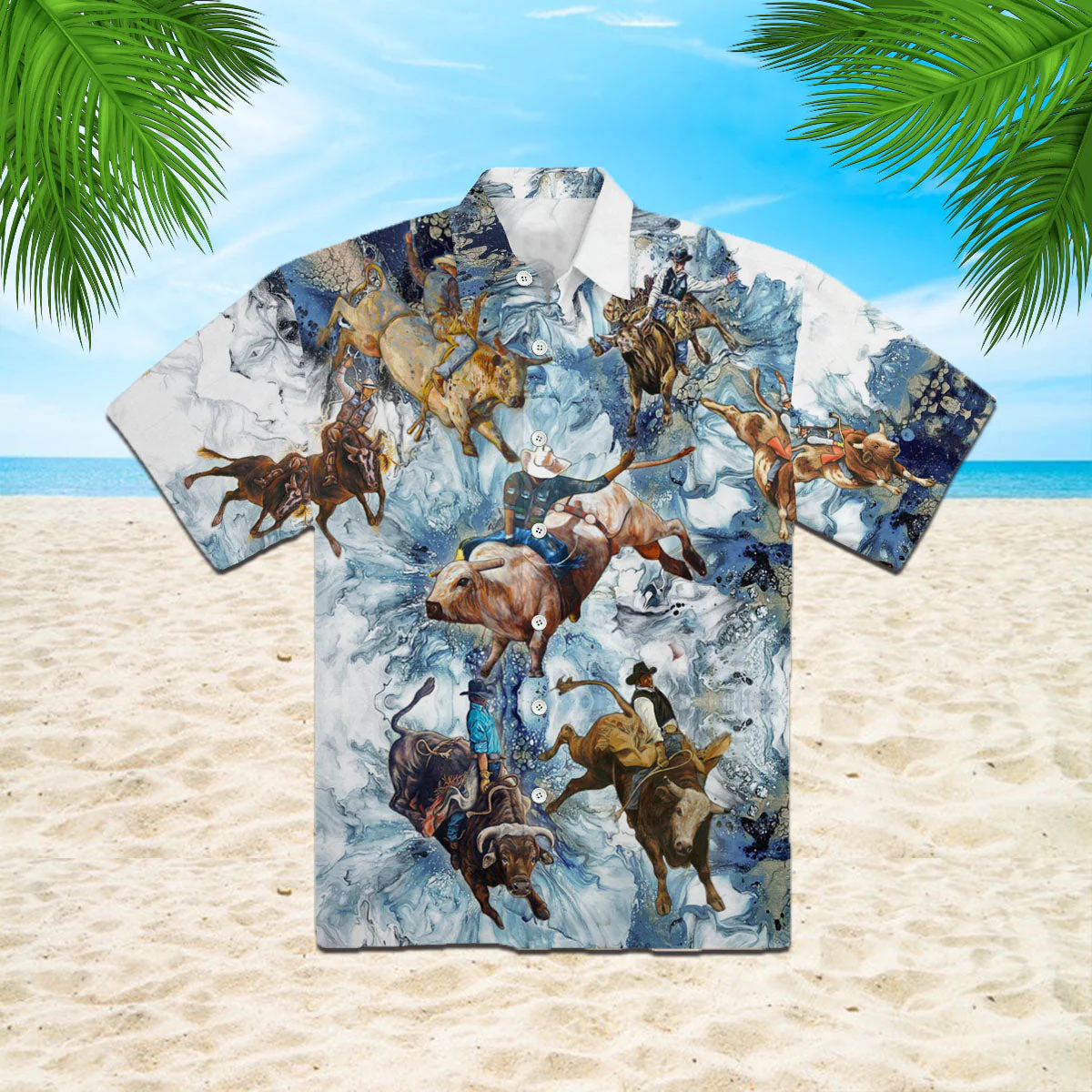 Bull Riding On Blue Hibiscus Flower Trendy Hawaiian Shirt
