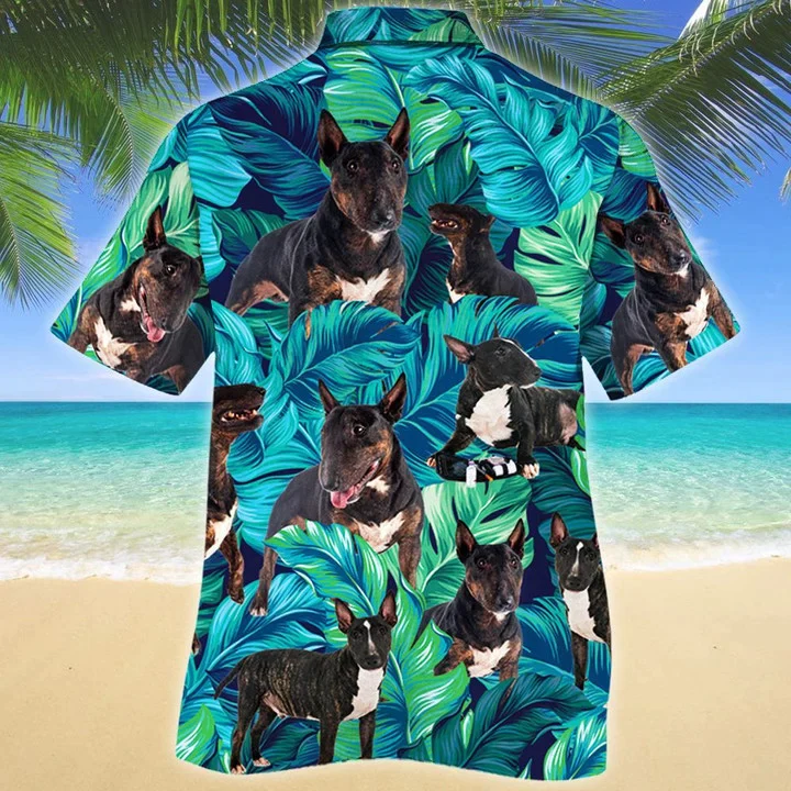 Bull Terrier Dog Lovers Blue And Green Tropical Leave Pattern Trendy Hawaiian Shirt