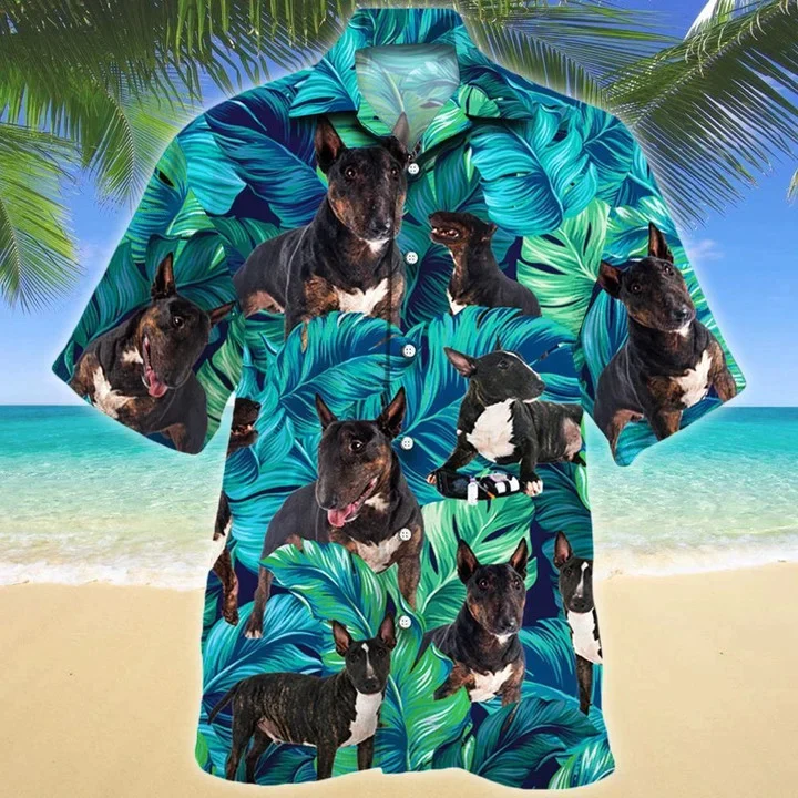Bull Terrier Dog Lovers Blue And Green Tropical Leave Pattern Trendy Hawaiian Shirt Bull Terrier Dog Lovers Blue And Green Tropical Leave Pattern Trendy Hawaiian Shirt