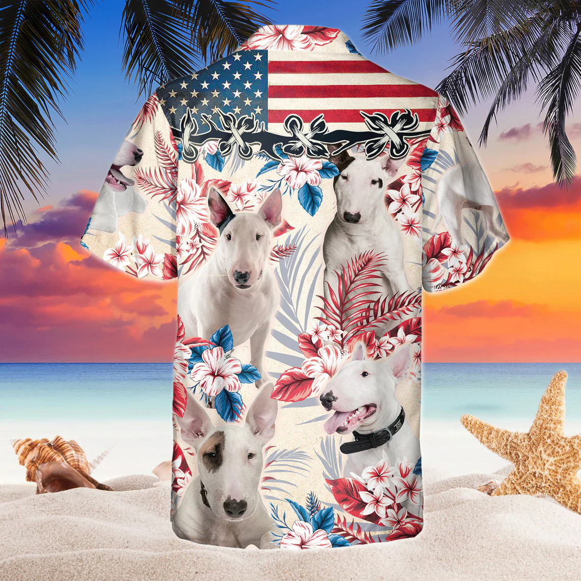 Bull Terrier Dog United States Flag Hawaiian Flowers All Over Printed 3D Hawaiian Shirt