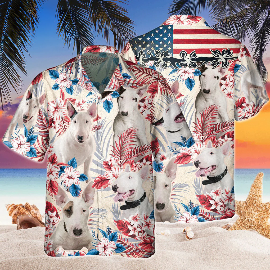 Bull Terrier Dog United States Flag Hawaiian Flowers All Over Printed 3D Hawaiian Shirt Bull Terrier Dog United States Flag Hawaiian Flowers All Over Printed 3D Hawaiian Shirt