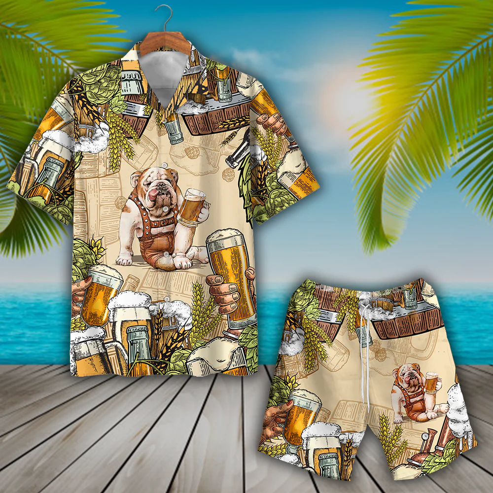 Bulldog and Beer Theme on Unisex Hawaiian Shirt Set
