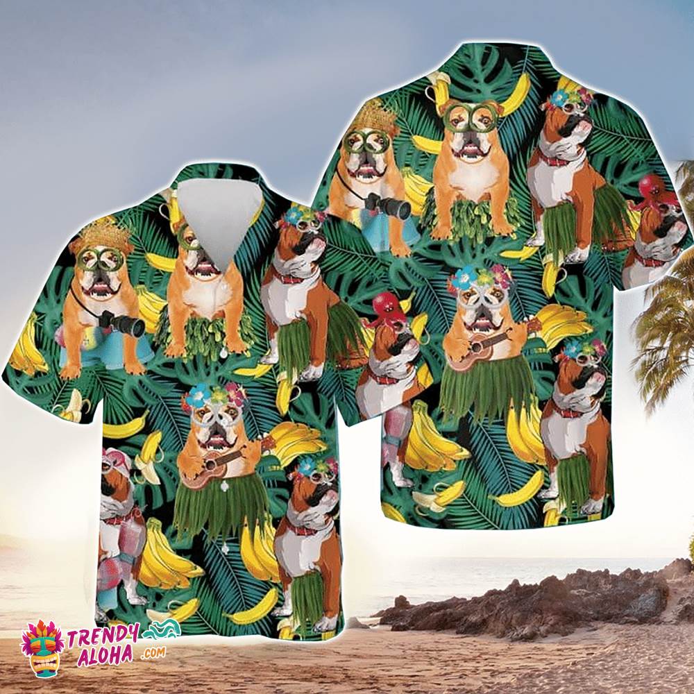 Bulldog Hawaiian Shirt English Bulldog Tropical Bananas, Aloha Hawaiian Shirts