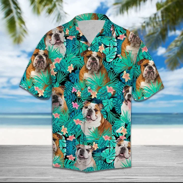Bulldog Lovers Tropical Palm Tree Leaves Summer Vacation Aloha Trendy Hawaiian Shirt