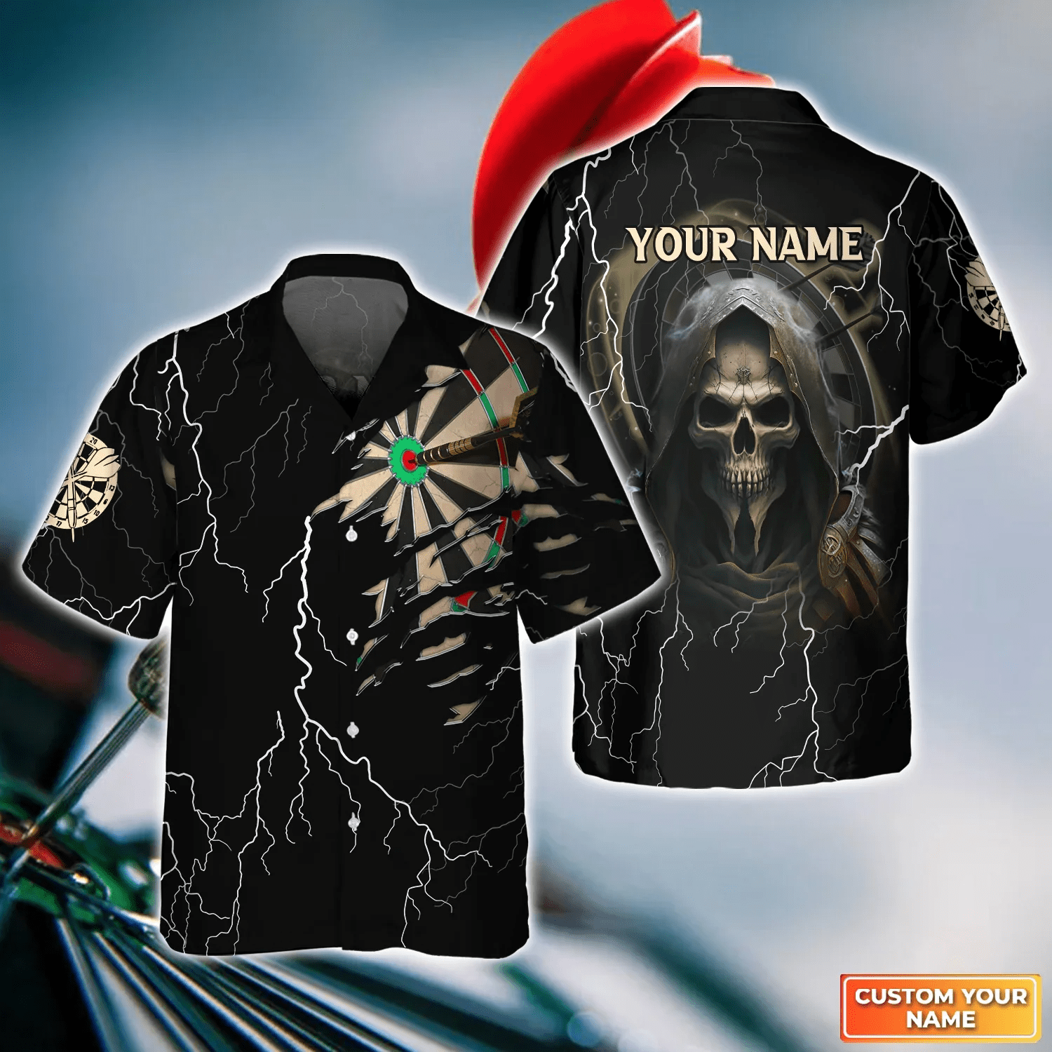 Bullseye Dartboard Thunder Personalized Name 3D Grim Reaper And Darts Skull Trendy Hawaiian Shirt For Dart Team Player