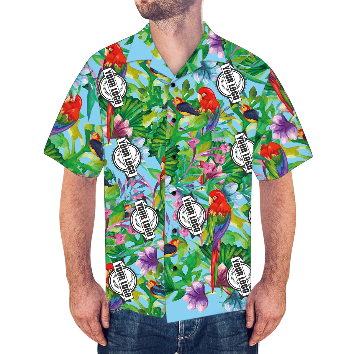 Business Logo Shirts, Custom Men’s Hawaiian Shirt Colorful Parrot