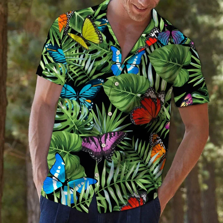 Butterfly And Green Tropical Leaves Design Trendy Hawaiian Shirt