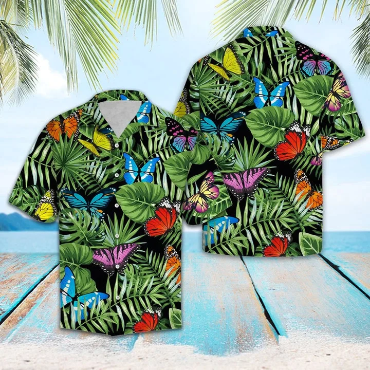 Butterfly And Green Tropical Leaves Design Trendy Hawaiian Shirt