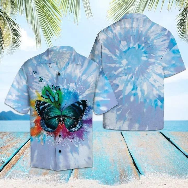 Butterfly Blue Tie Dye Trendy Hawaiian Shirt