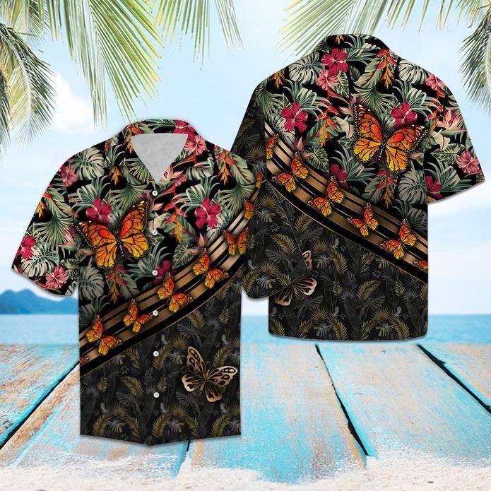 Butterfly Floral Trendy Hawaiian Shirt, Unisex Print Aloha Short Sleeve Casual Shirt Summer Gifts