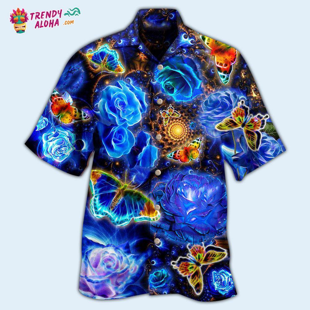 Butterfly Flower Glowing Blue Rose Hawaiian Shirt – Trendy Aloha