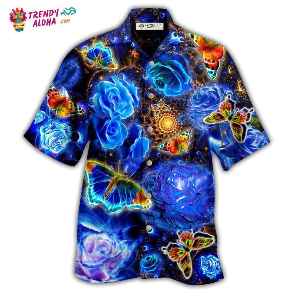 Butterfly Flower Glowing Blue Rose Hawaiian Shirt – Trendy Aloha