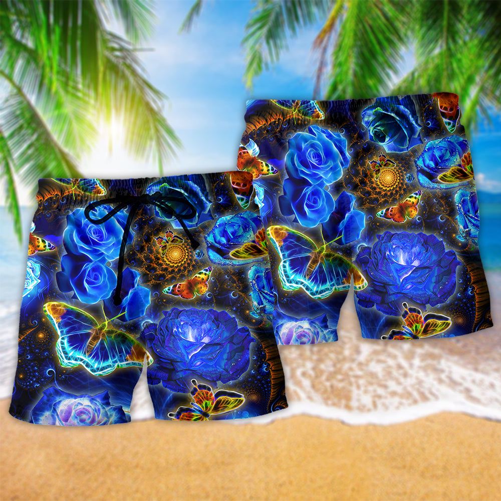 Butterfly Flower Glowing Blue Rose Trendy Aloha Hawaiian Beach Shorts