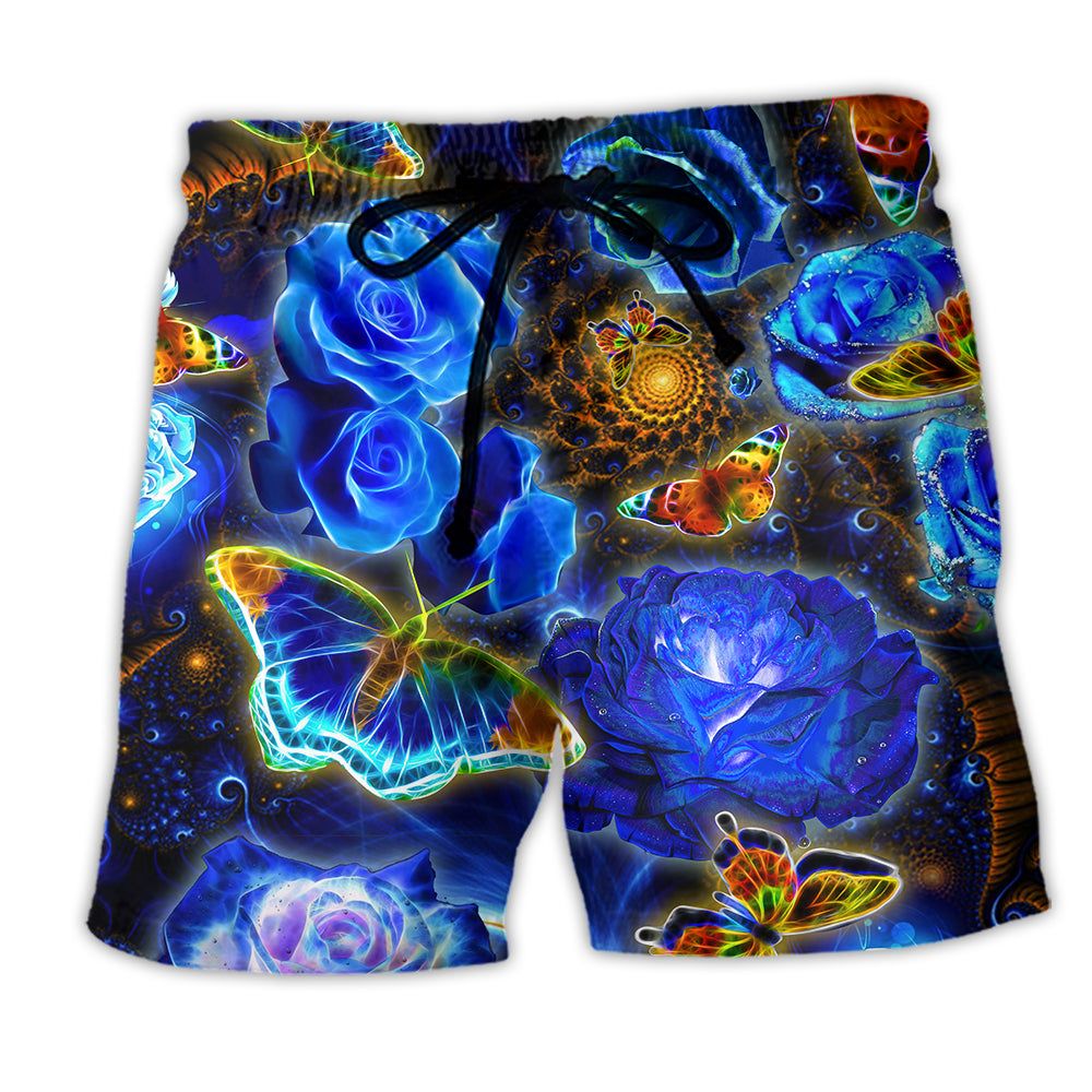 Butterfly Flower Glowing Blue Rose Trendy Aloha Hawaiian Beach Shorts Butterfly Flower Glowing Blue Rose Trendy Aloha Hawaiian Beach Shorts