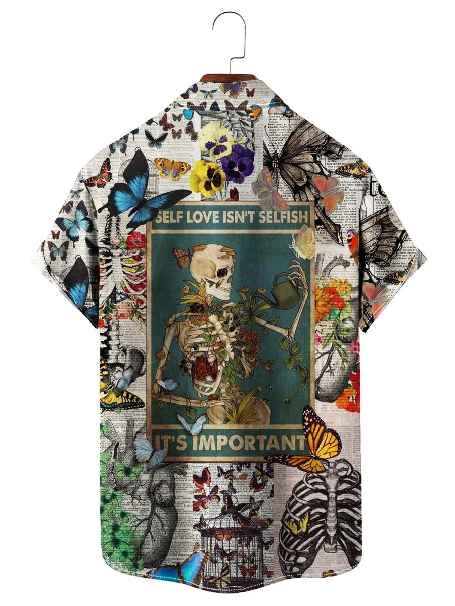 Butterfly Skeleton Newspaper Print Hawaiian Shirt