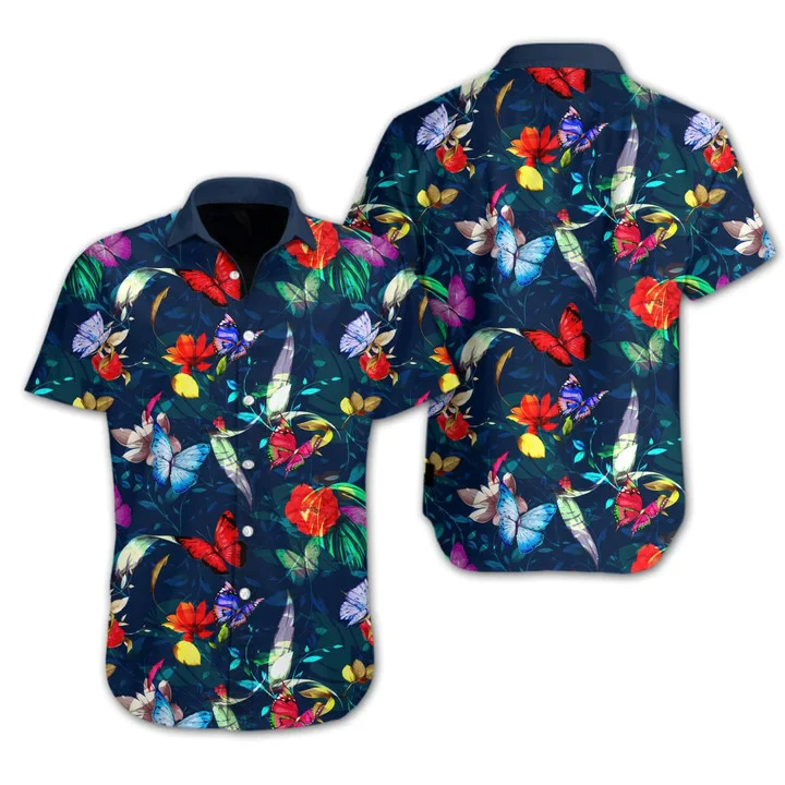 Butterly Flower On Dark Blue Design Trendy Hawaiian Shirt