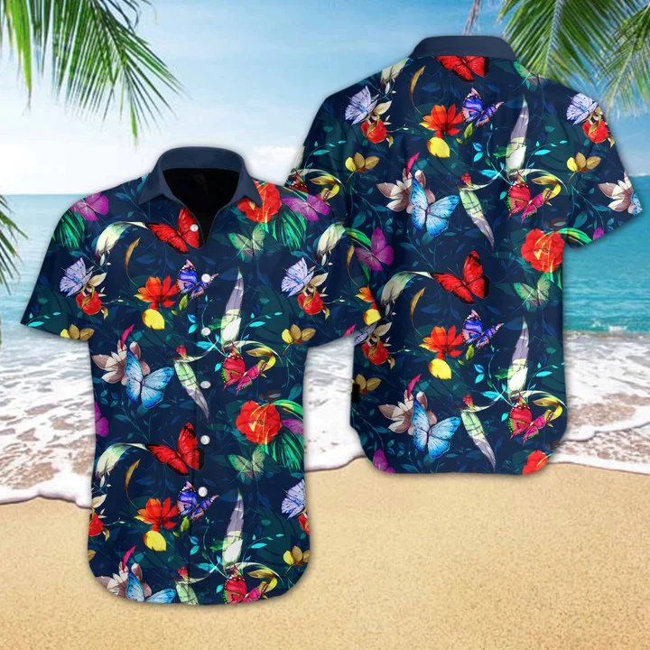 Butterly Flower On Dark Blue Design Trendy Hawaiian Shirt Butterly Flower On Dark Blue Design Trendy Hawaiian Shirt