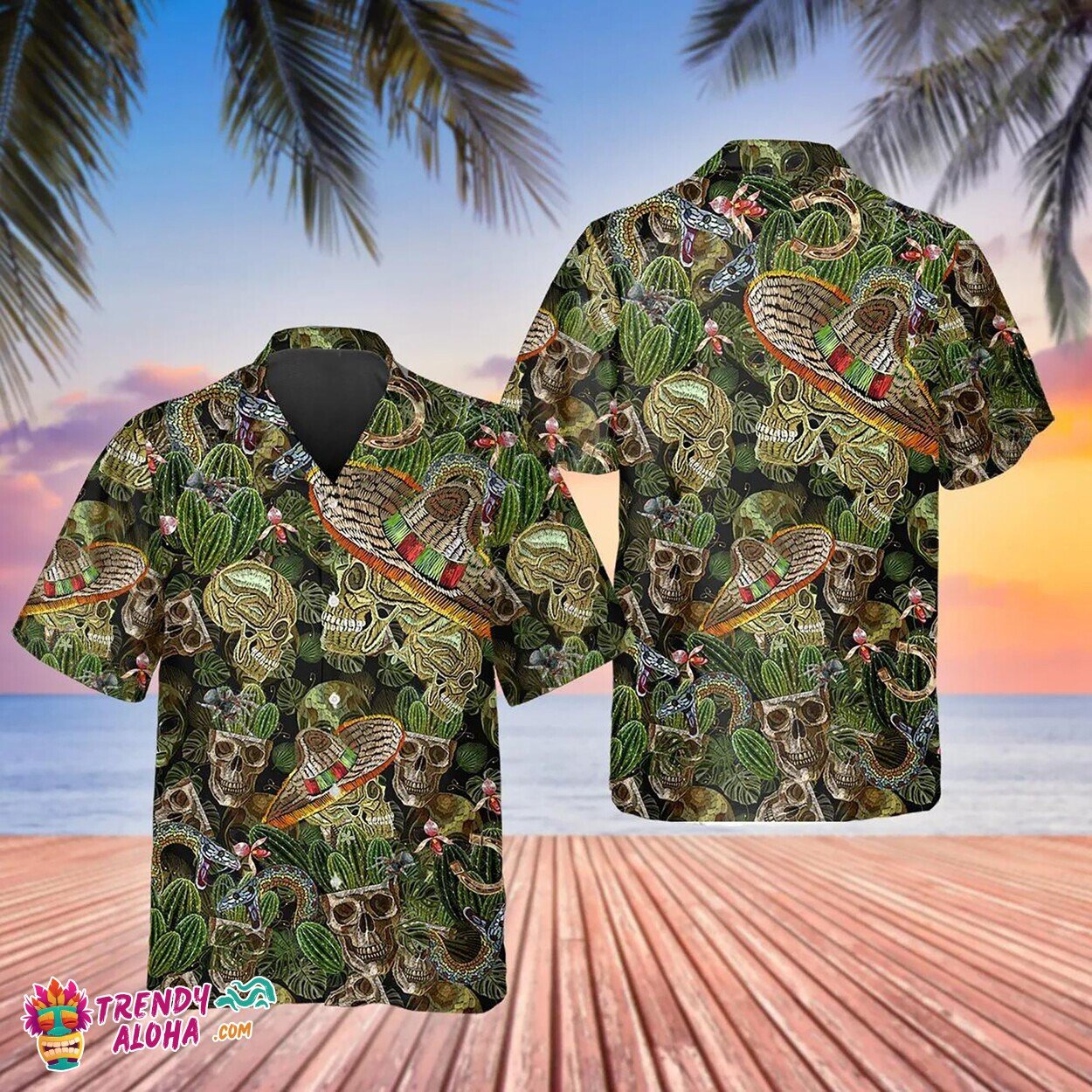 Cactus & Mexican Skull Pattern Short Sleeve Summer Hawaiian Shirt