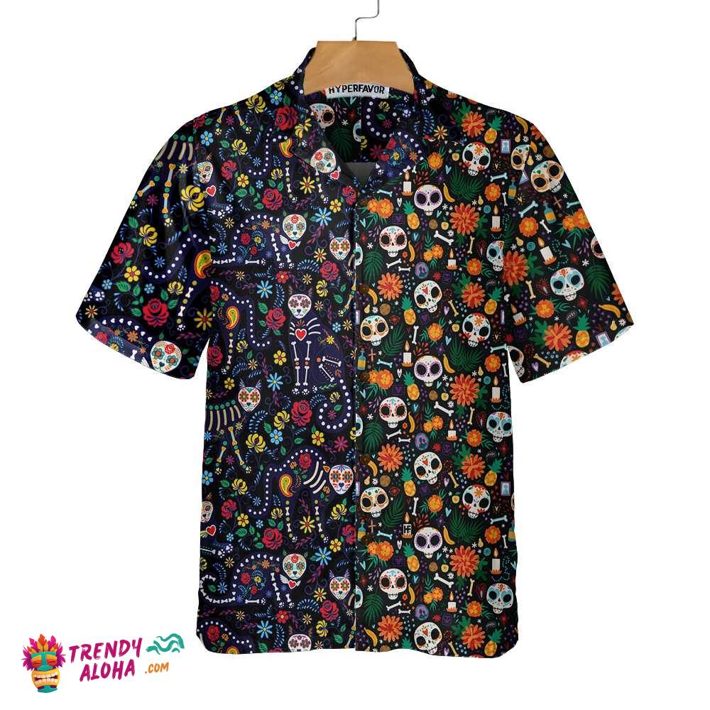 Calavera Cats And Sugar Skulls Dia De Los Muertos Hawaiian Shirt, Best Day Of The Dead Gift