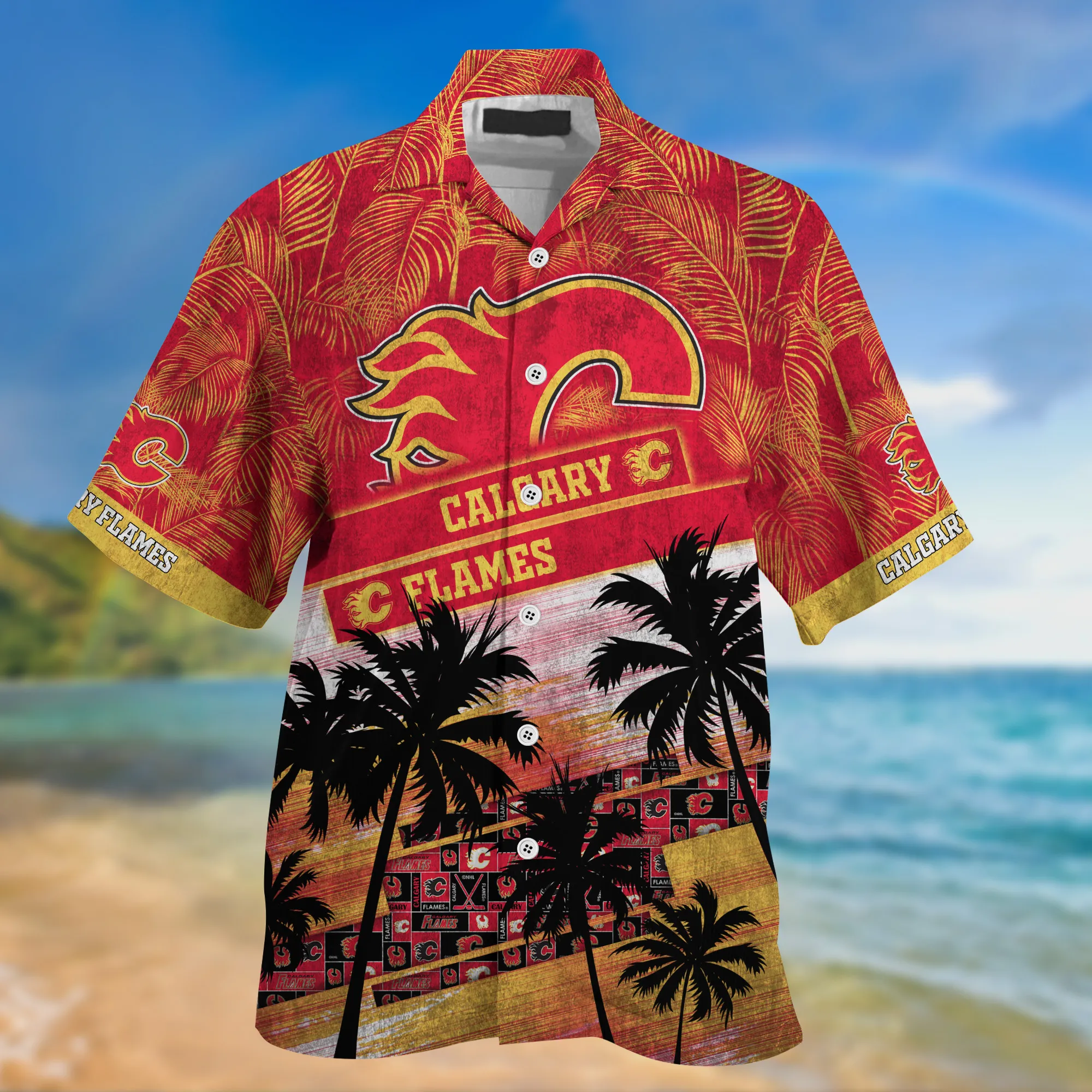 Calgary Flames NHL Palm Tree Pattern Hawaii Shirt For Sports Fans Unisex Sport Hawaii Shirt