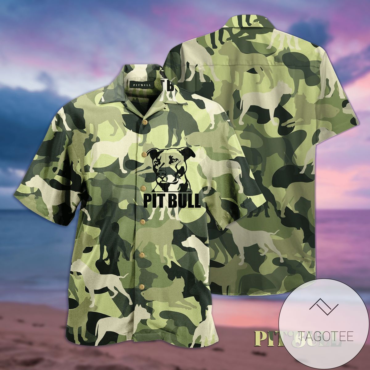 Camouflaged Pitbull Elegantly Stands Out on Hawaiian Shirt