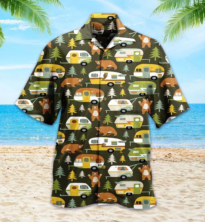 Camper Van Bear Green Pattern Hawaiian Shirt 3D Summer Gifts