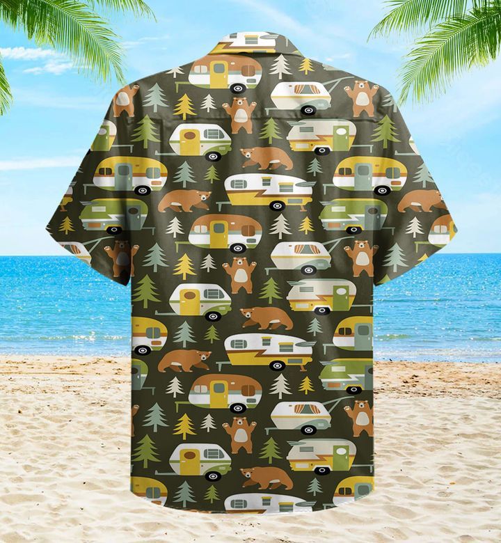 Camper Van Bear Green Pattern Trendy Hawaiian Shirt 3D Summer Gifts