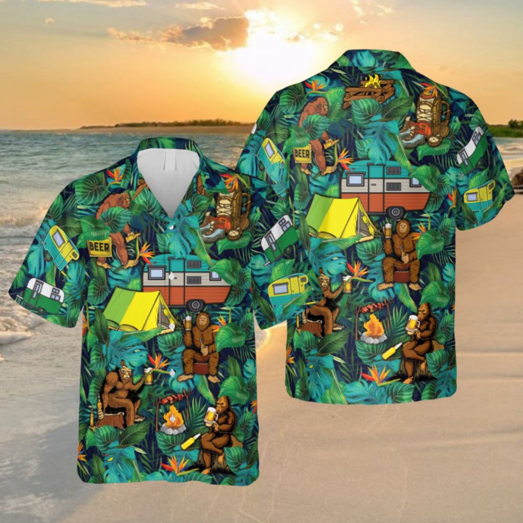 Camping Bigfoot Green Trendy Hawaiian Shirt, Gift For Him