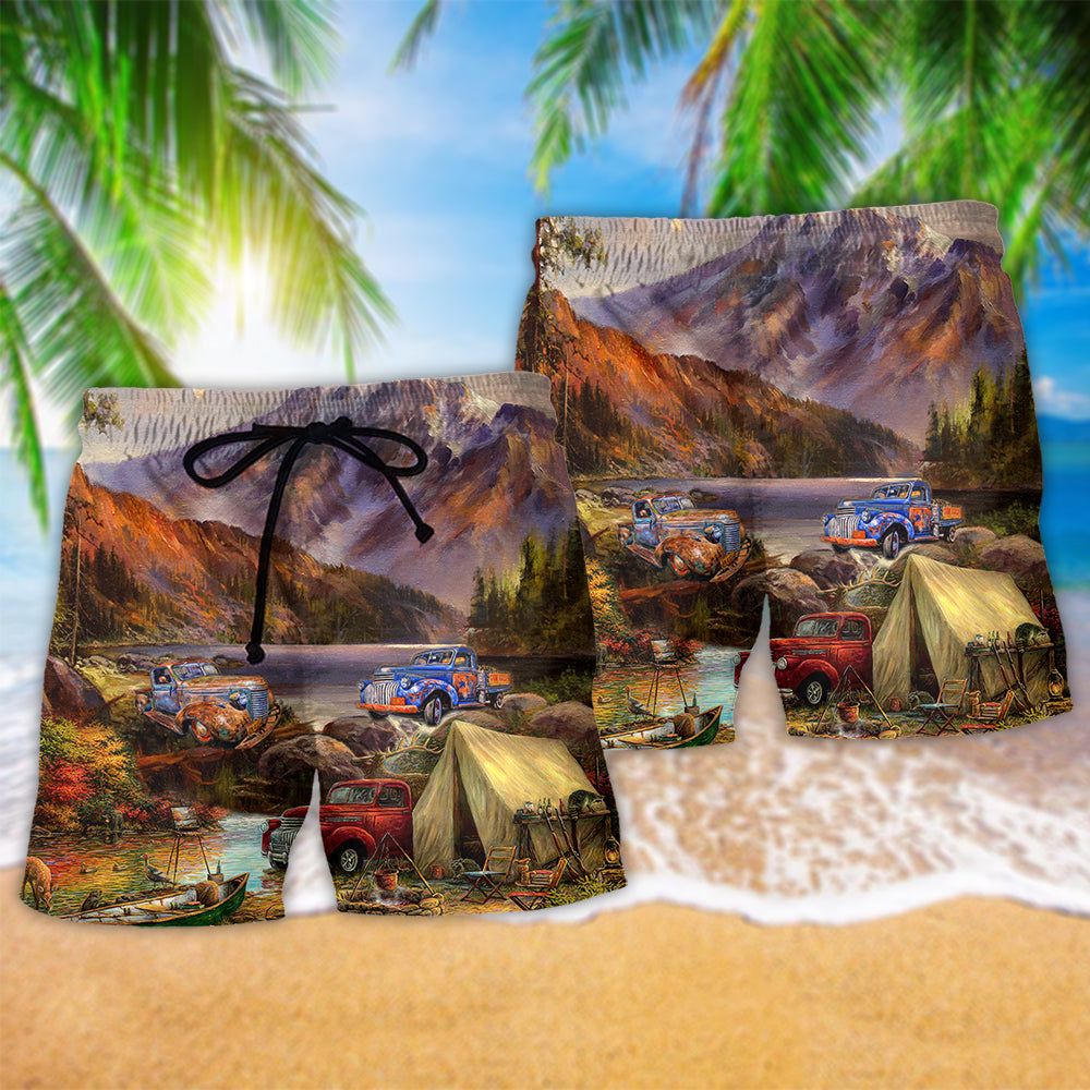 Camping Car Mountain Style Beautiful Trendy Aloha Hawaiian Beach Shorts