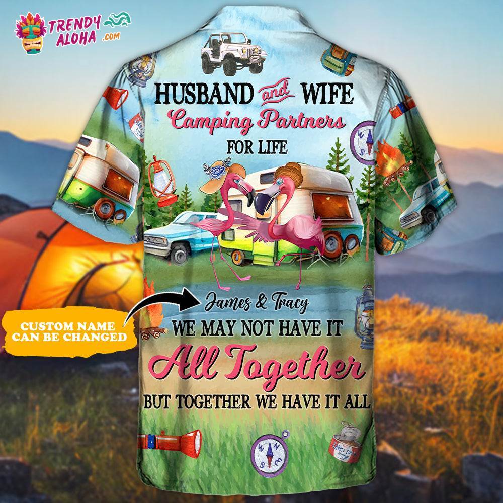 Camping Flamingo Husband And Wife Camping Partners For Life Personalized – Hawaiian Shirt – Personalized Photo Gifts Hawaiian Shirt – Trendy Aloha