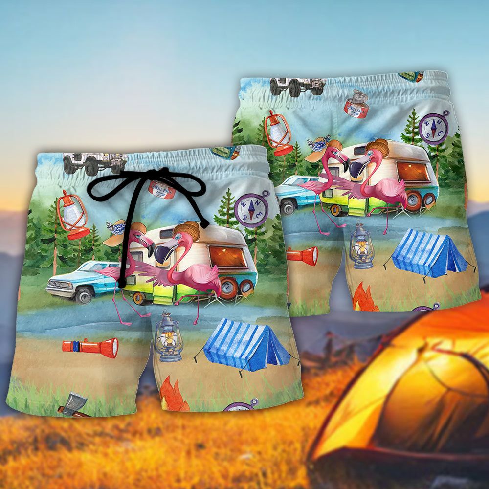 Camping Flamingo Husband And Wife Camping Partners For Life Trendy Aloha Hawaiian Beach Shorts