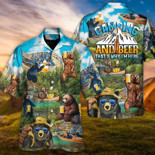 Camping Funny Bear Drinking Camping And Beer Why I’m Here – Hawaiian Shirt