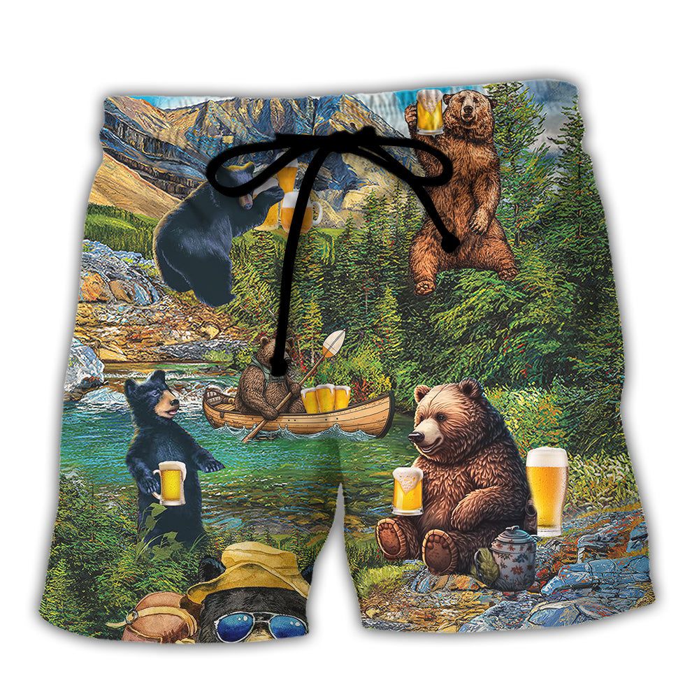 Camping Funny Bear Drinking Camping And Beer Why I’m Here Trendy Aloha Hawaiian Beach Shorts