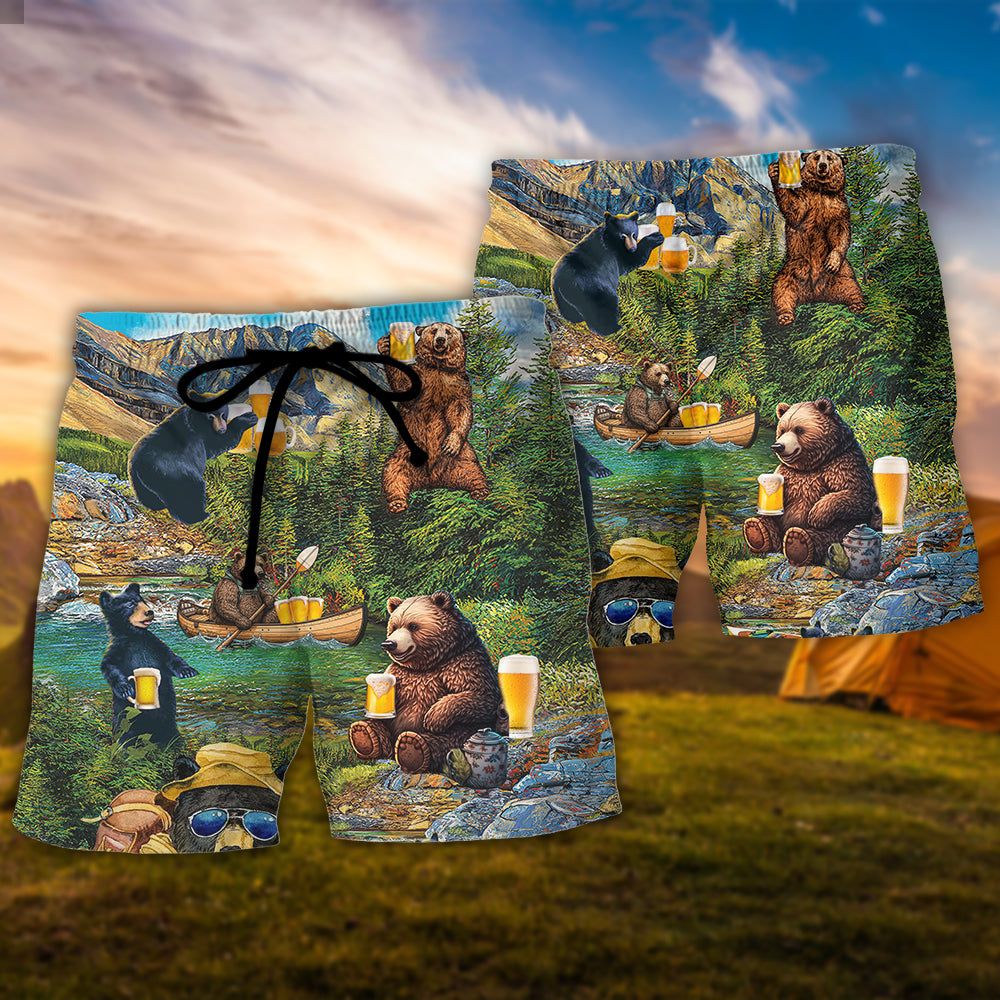 Camping Funny Bear Drinking Camping And Beer Why I’m Here Trendy Aloha Hawaiian Beach Shorts