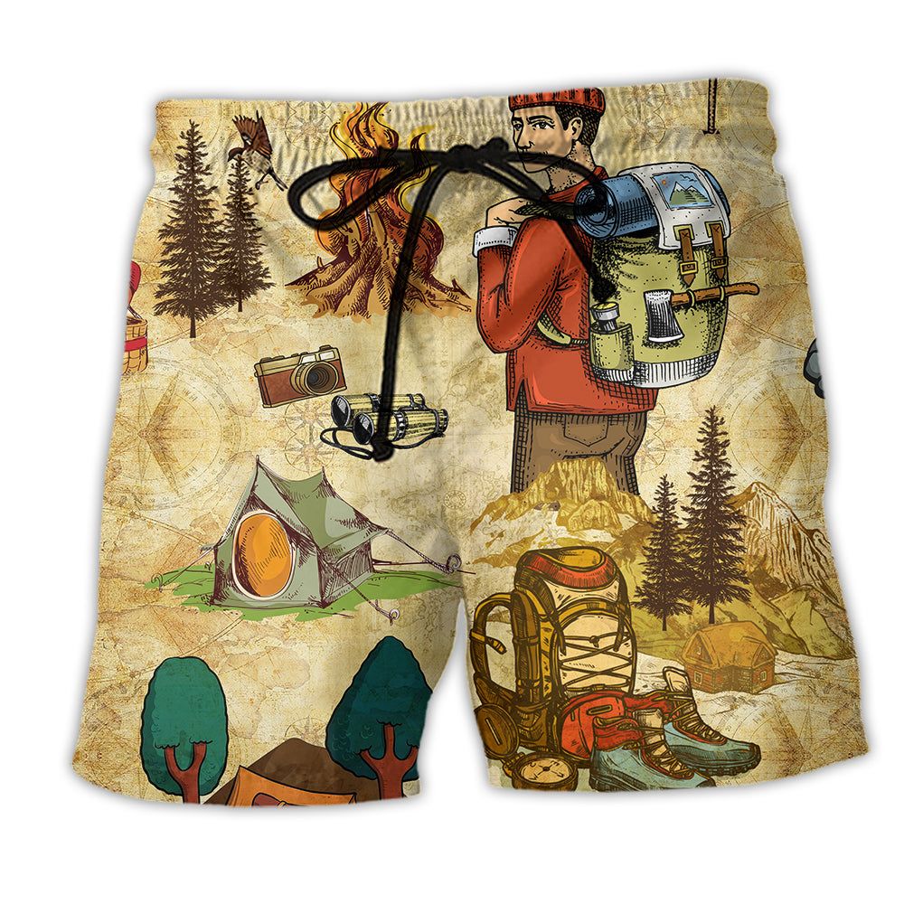 Camping Human Love Life Vintage Trendy Aloha Hawaiian Beach Shorts Camping Human Love Life Vintage Trendy Aloha Hawaiian Beach Shorts