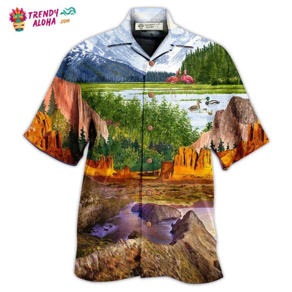 Camping Love Flamingo Landscape Hawaiian Shirt – Trendy Aloha Camping Love Flamingo Landscape Hawaiian Shirt – Trendy Aloha