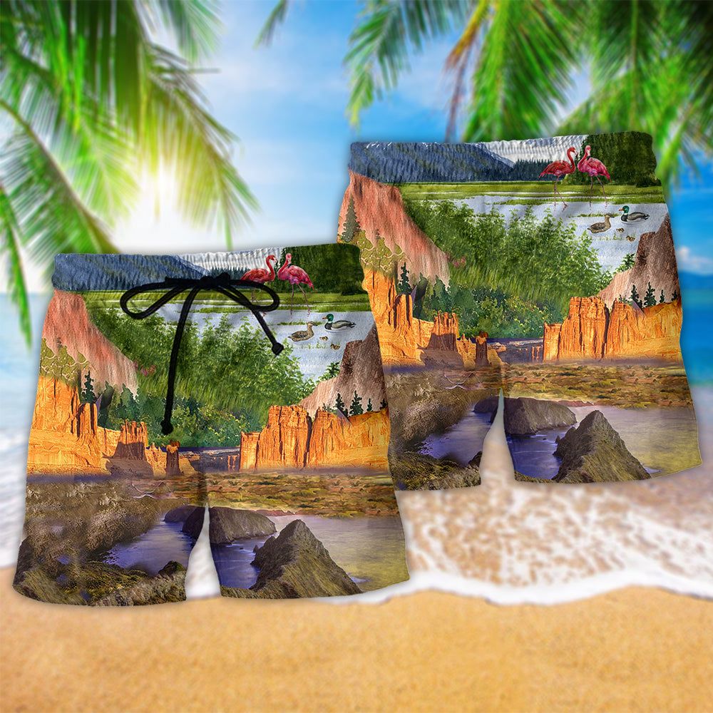 Camping Love Flamingo Landscape Trendy Aloha Hawaiian Beach Shorts