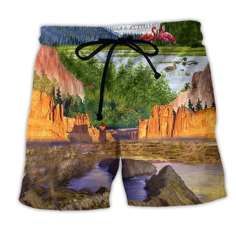 Camping Love Flamingo Landscape Trendy Aloha Hawaiian Beach Shorts Camping Love Flamingo Landscape Trendy Aloha Hawaiian Beach Shorts
