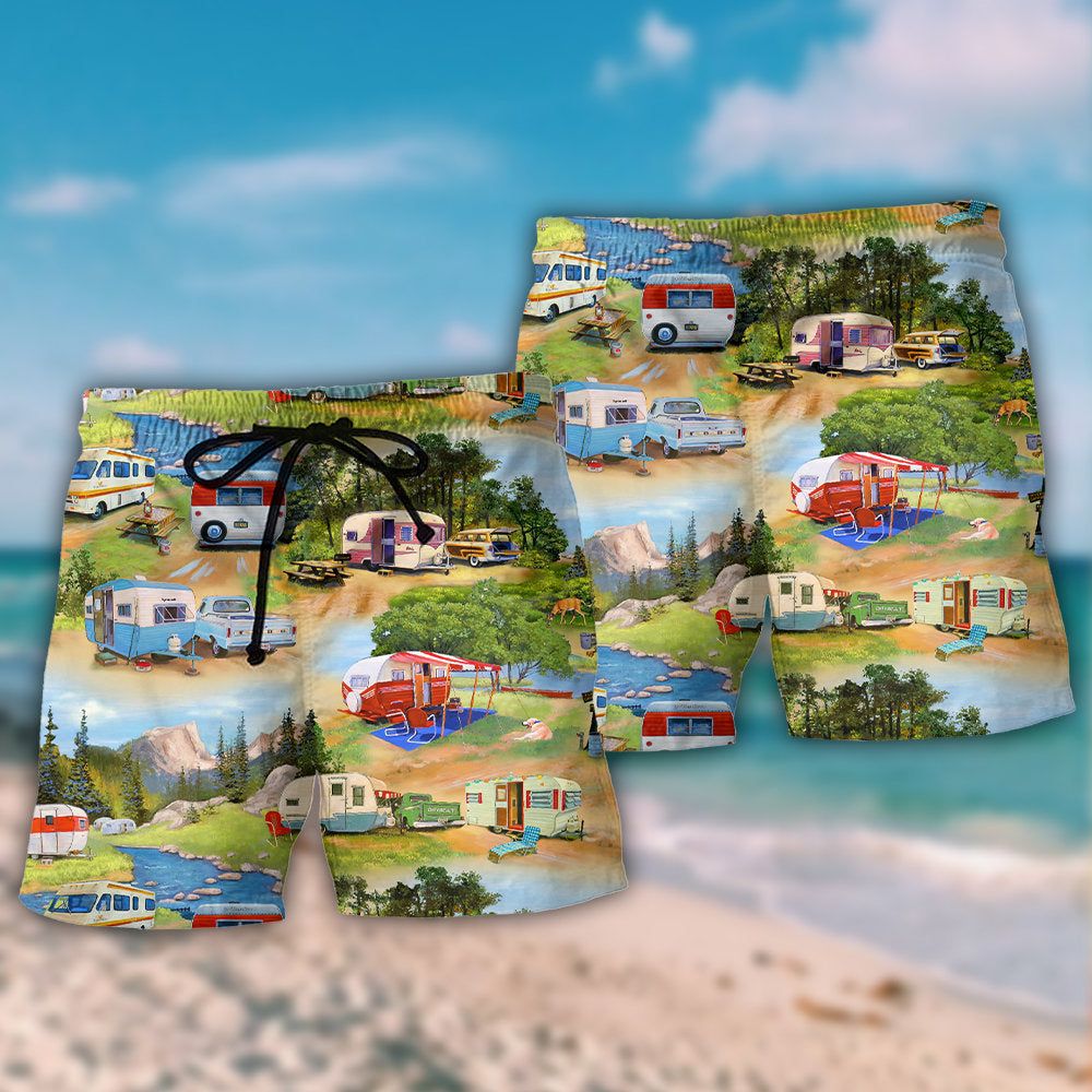 Camping Vintage Caravans Happy Life Trendy Aloha Hawaiian Beach Shorts