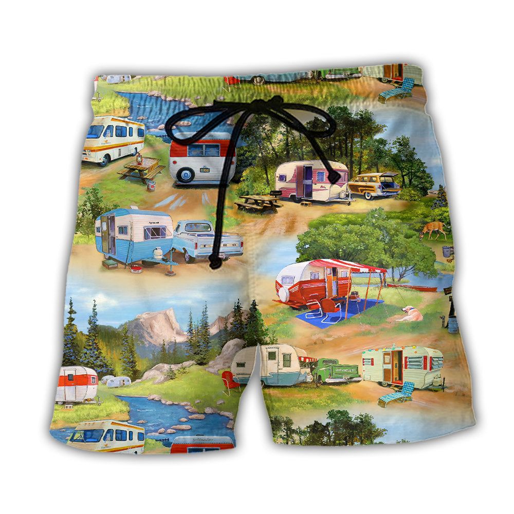 Camping Vintage Caravans Happy Life Trendy Aloha Hawaiian Beach Shorts Camping Vintage Caravans Happy Life Trendy Aloha Hawaiian Beach Shorts