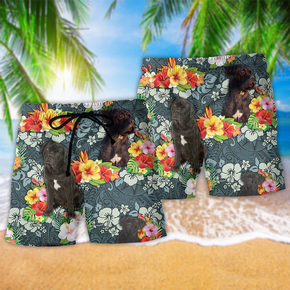 Cane Corso Dog Lover Tropical Floral Trendy Aloha Hawaiian Beach Shorts