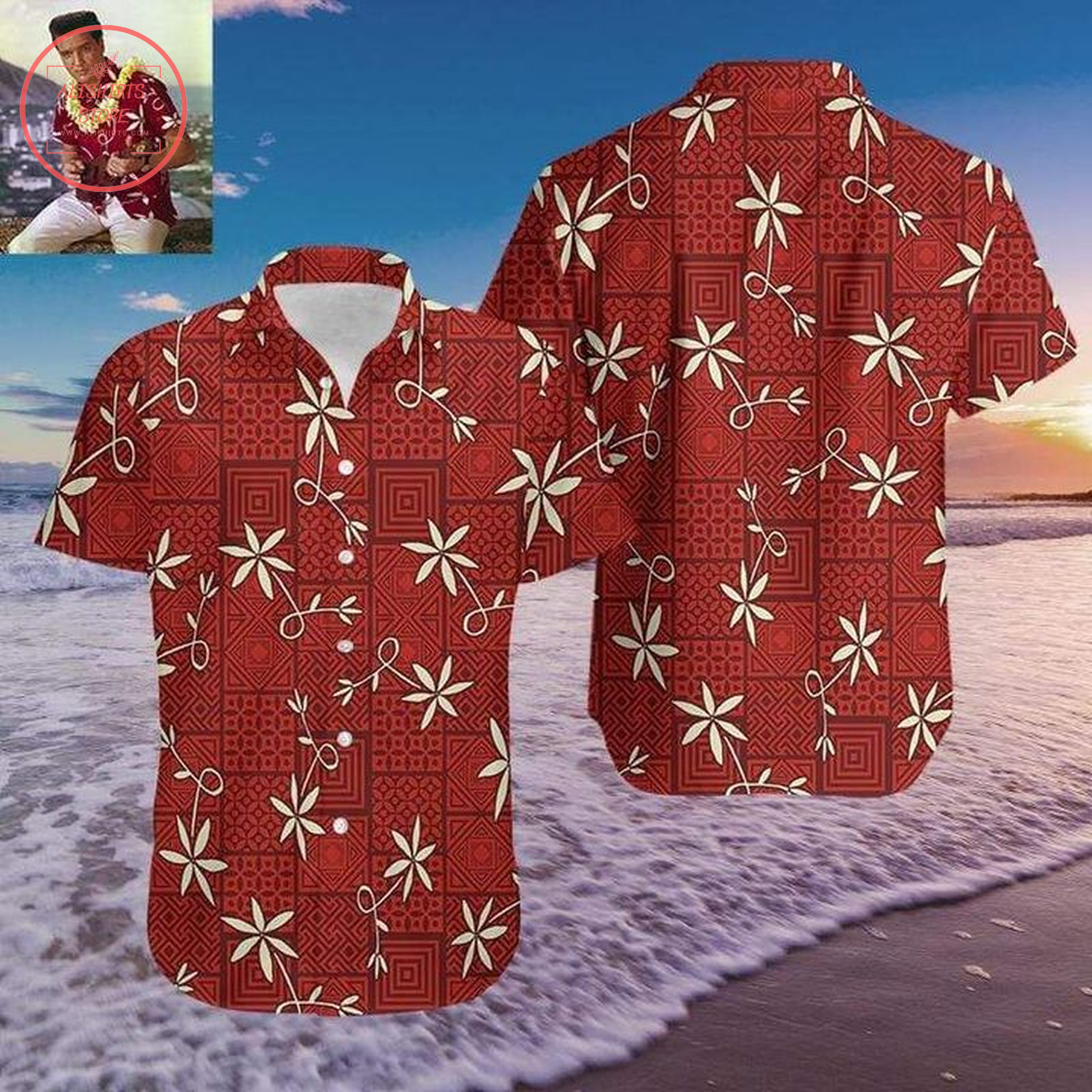Captivating Red Elvis Presley Vintage Theme on Hawaiian Shirt