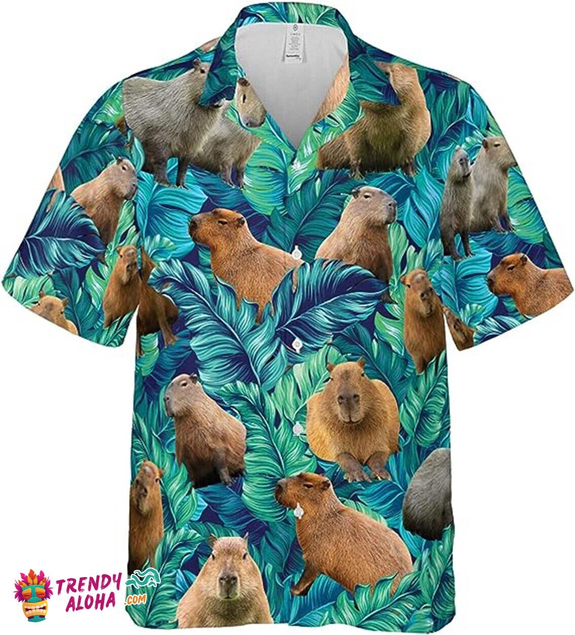 Capybara and Tropical Leaves Print Funny Hawaiian Beach Shirt