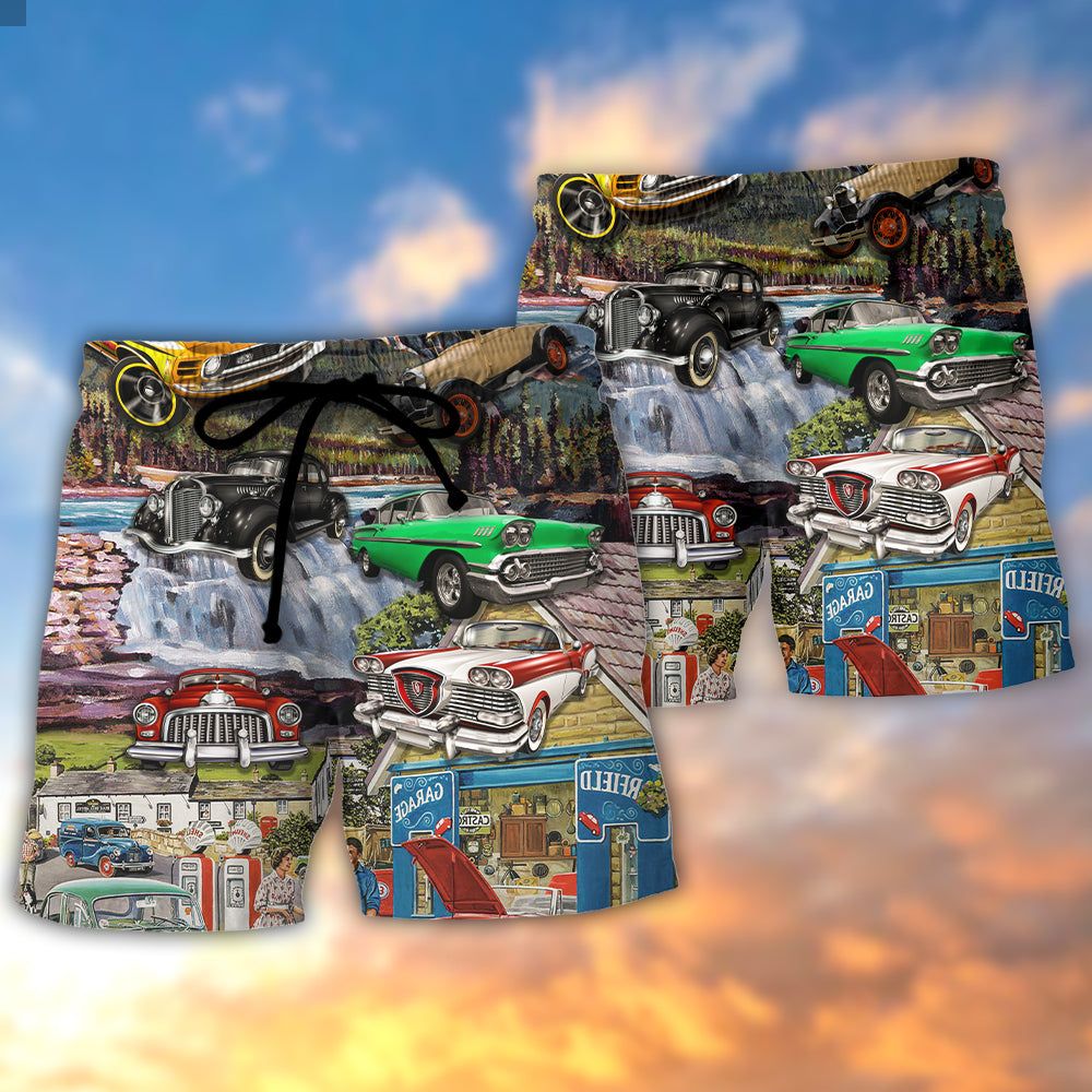 Car Classic Car Life Art Style Trendy Aloha Hawaiian Beach Shorts