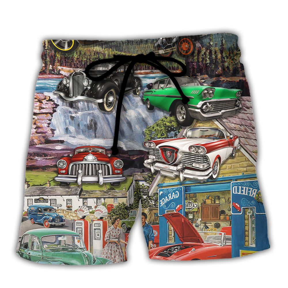 Car Classic Car Life Art Style Trendy Aloha Hawaiian Beach Shorts Car Classic Car Life Art Style Trendy Aloha Hawaiian Beach Shorts