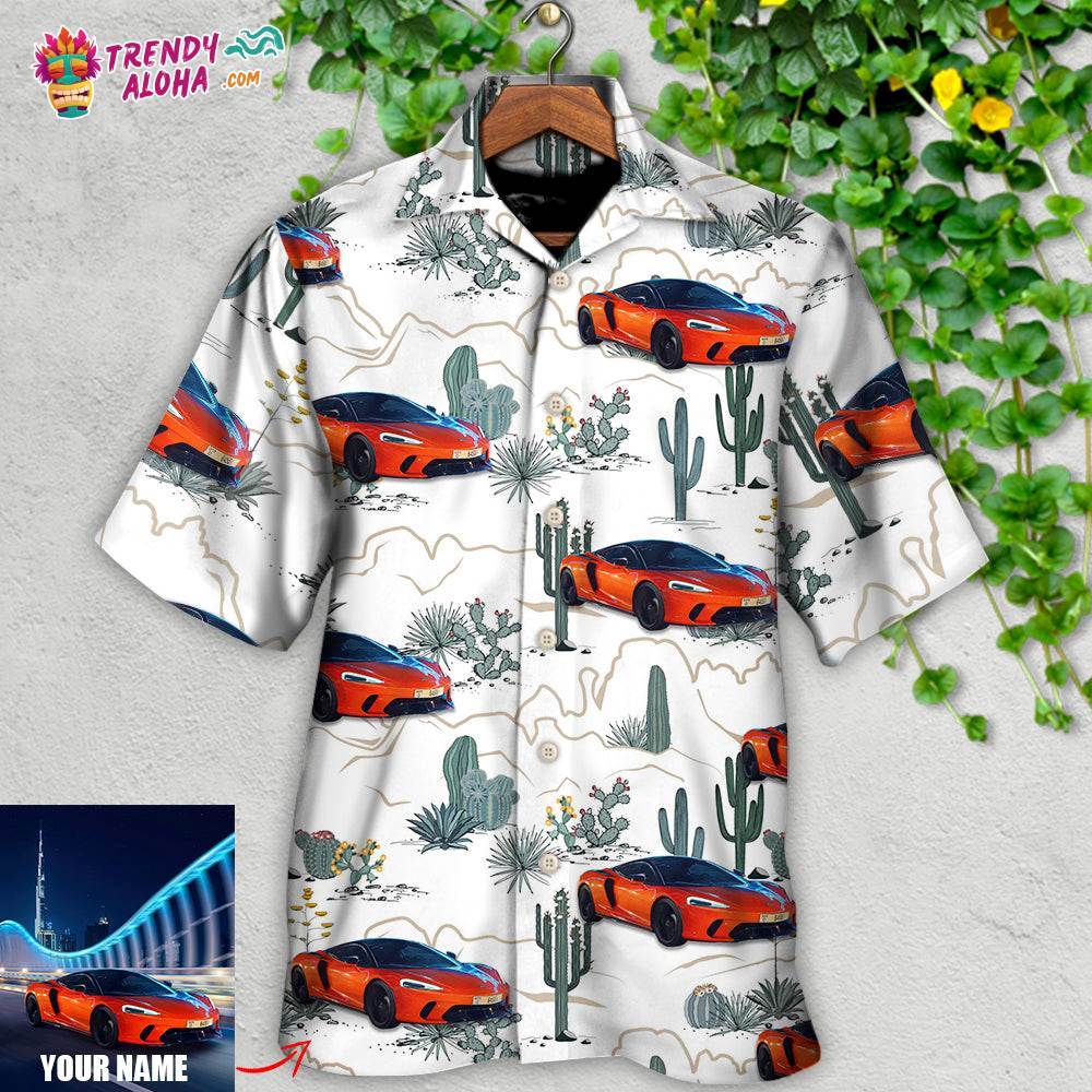 Car Desert With Mountains Blooming Cacti Opuntia And Saguaro Custom Photo Hawaiian Shirt – Trendy Aloha