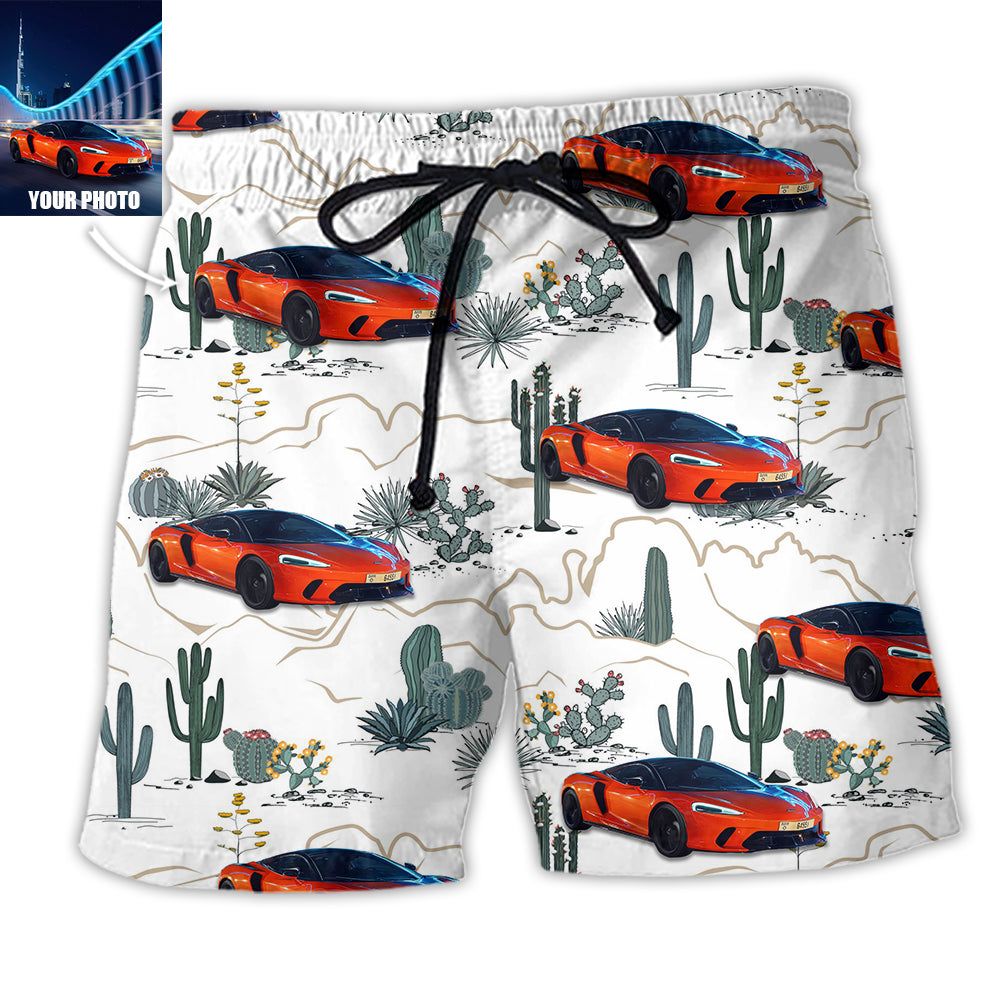 Car Desert With Mountains Blooming Cacti Opuntia And Saguaro Custom Photo Trendy Aloha Hawaiian Beach Shorts Car Desert With Mountains Blooming Cacti Opuntia And Saguaro Custom Photo Trendy Aloha Hawaiian Beach Shorts