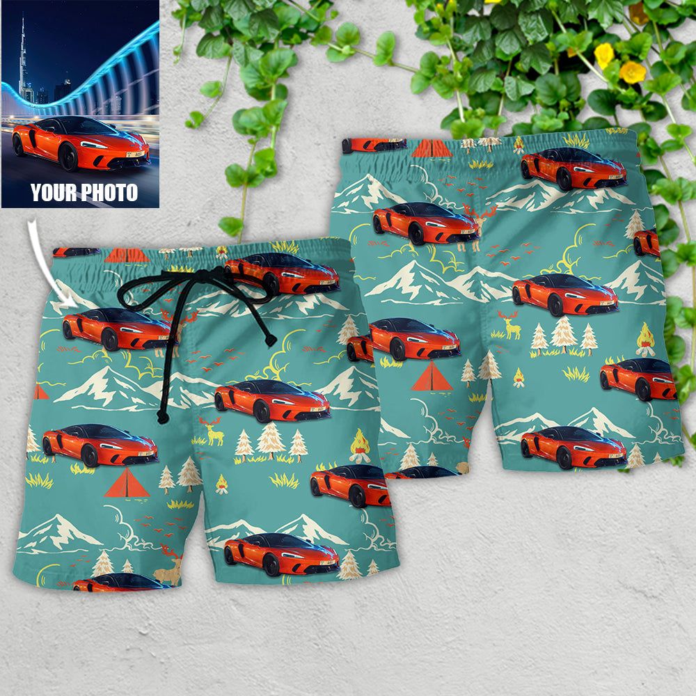Car Driving On Mountain Custom Photo Trendy Aloha Hawaiian Beach Shorts